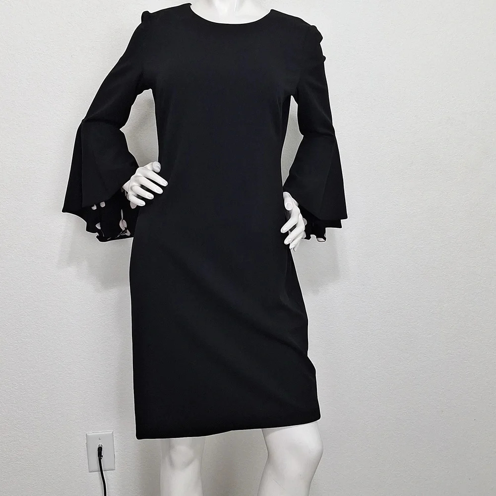 Liz Claiborne Black White Witchy Romantic Goth Large Bell Sleeve Sheath Dress *6